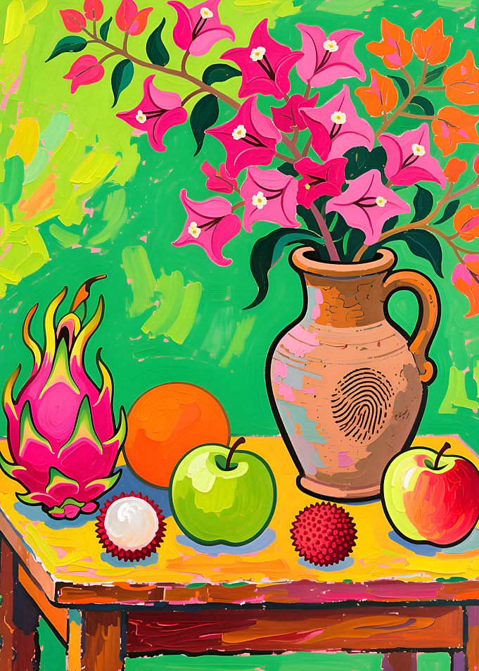 Vibrant Still Life with Flowers and Fruit