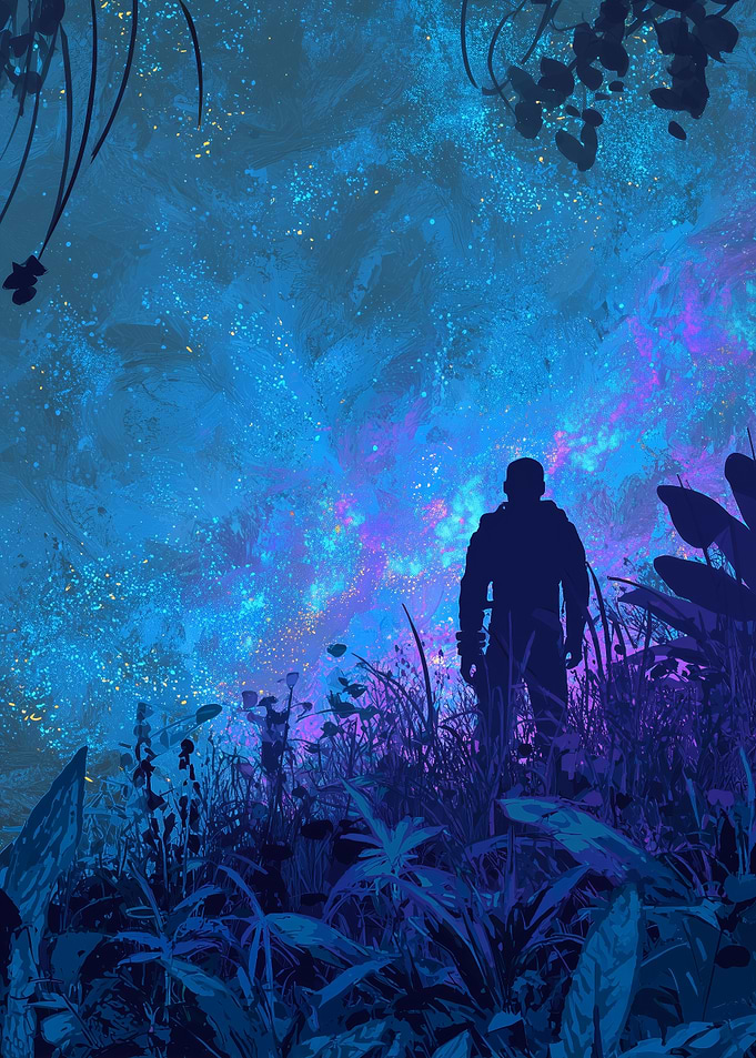 Astronaut in a blue jungle