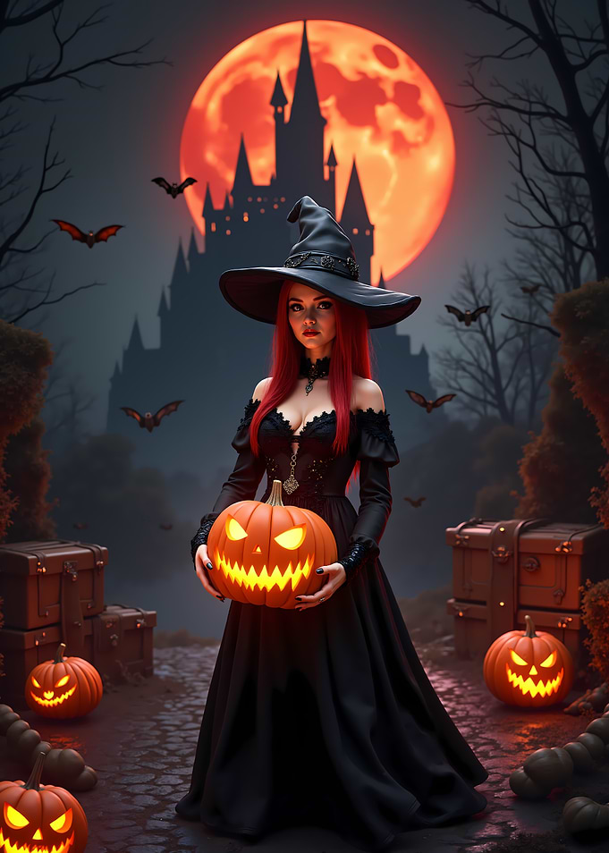 Halloween Witch with Pumpkin and Castle