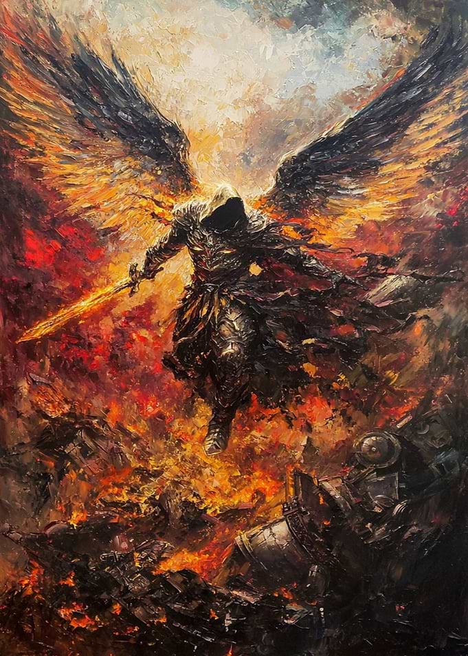 Winged Warrior in Fiery Battle Scene