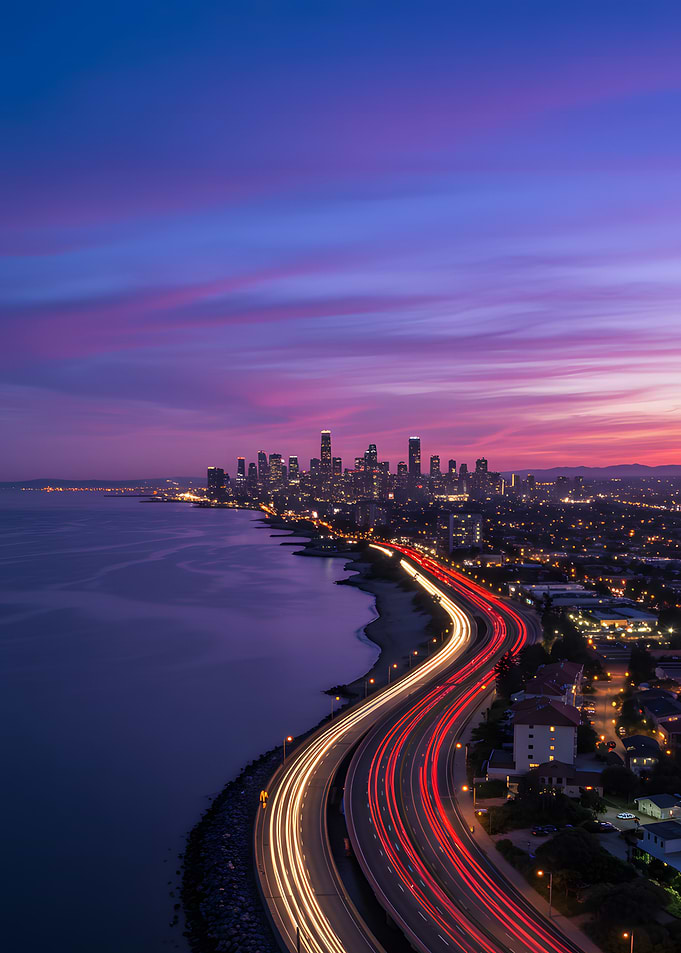 Cityscape at Dusk with Light Trails
