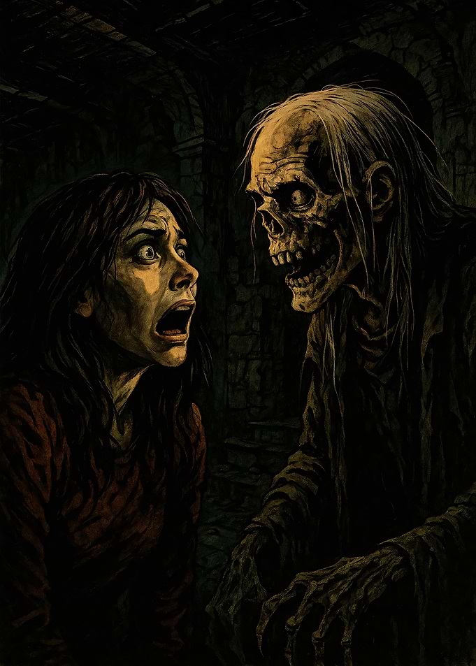 Woman terrified by a zombie