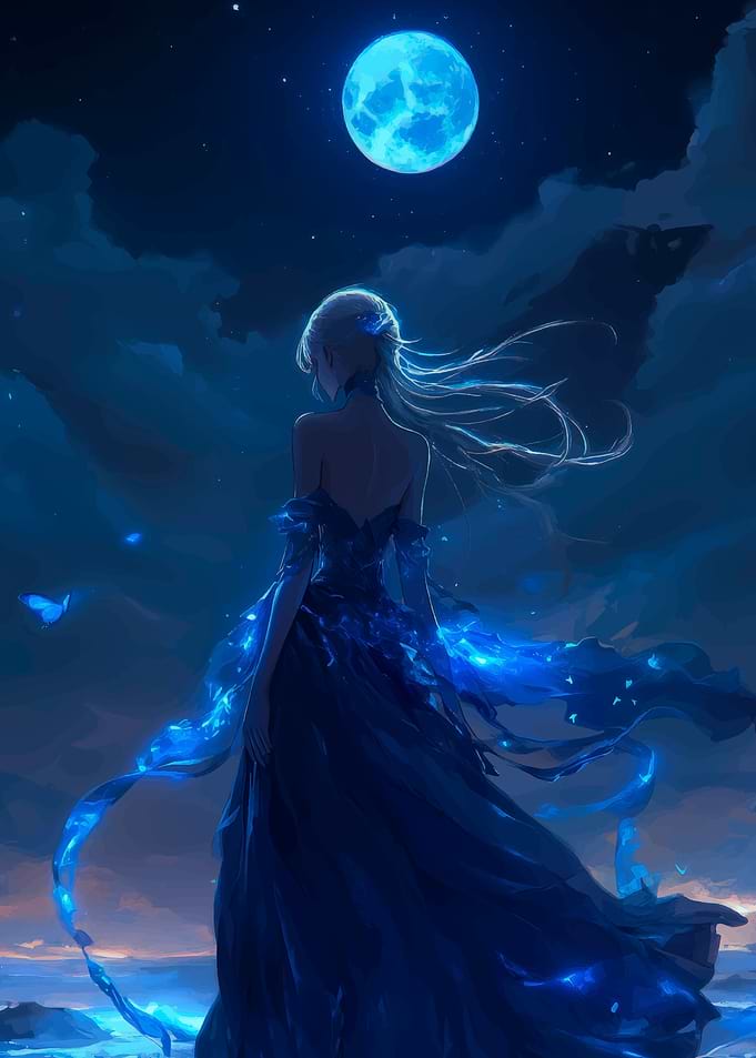 Woman in Blue Dress Under Moonlight