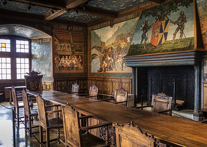Medieval Hall with Long Table and Murals