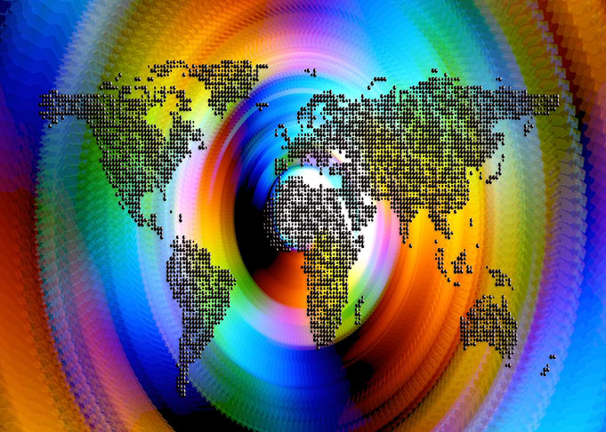 World Map on Colorful Swirl Background
