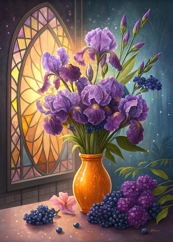 Still Life Floral Purple Iris with Blueberries
