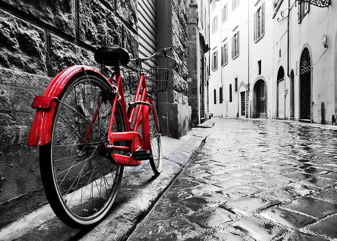 Red Bicycle in Black and White Alley