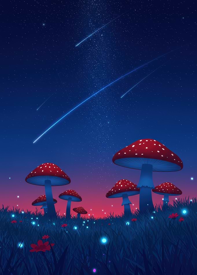 Magical Mushroom Meadow Under Shooting Stars