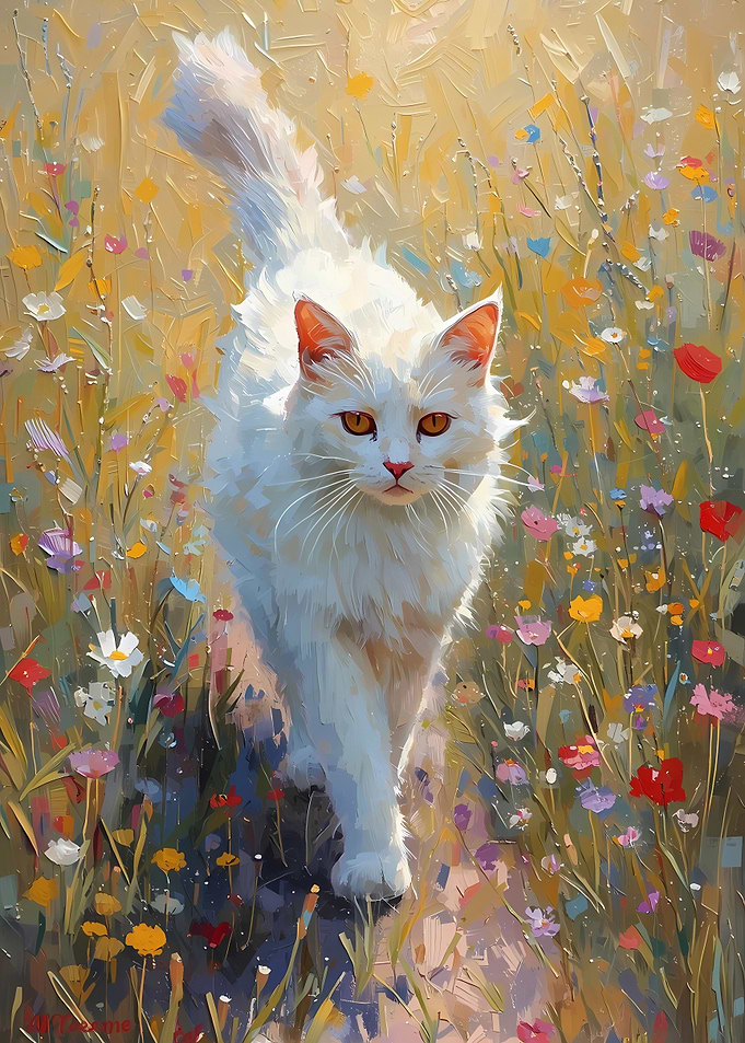 White Cat in a Floral Meadow
