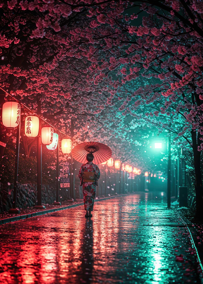 Woman in Kimono Under Cherry Blossoms