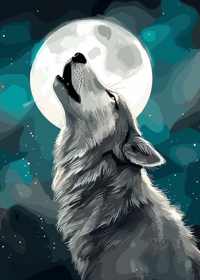 Wolf Howling at the Moon Illustration