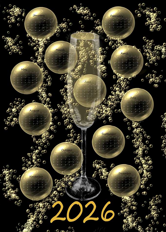 2026 Calendar Champagne Glass Bubbles