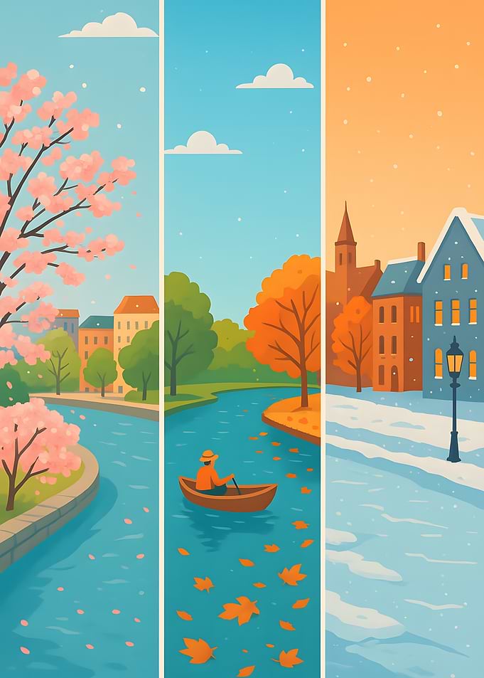 Four Seasons River Landscape Illustration