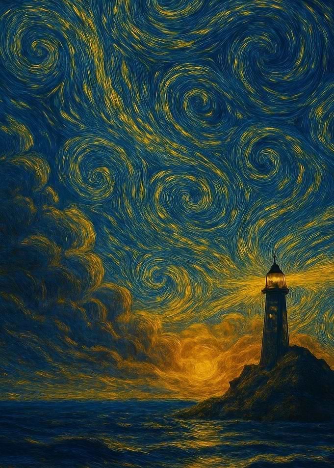 Lighthouse under a swirling starry sky