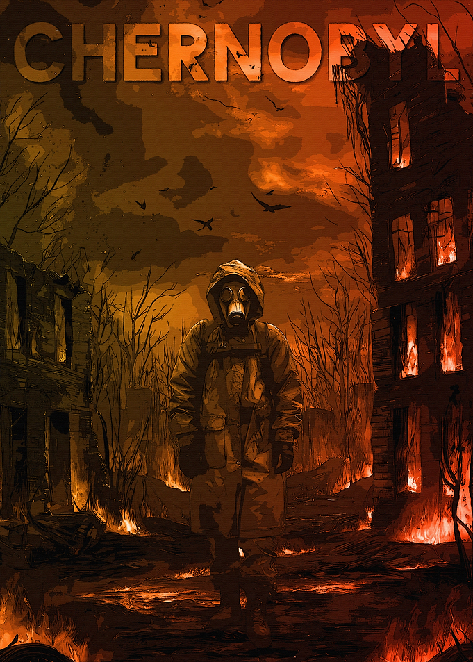 Chernobyl disaster artwork with gas mask