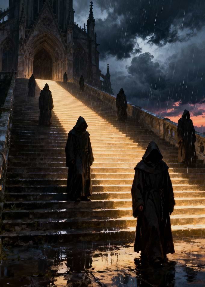 Monks on stairs in the rain