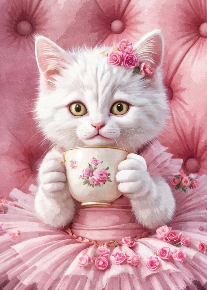 Elegant Cat with Tea Cup