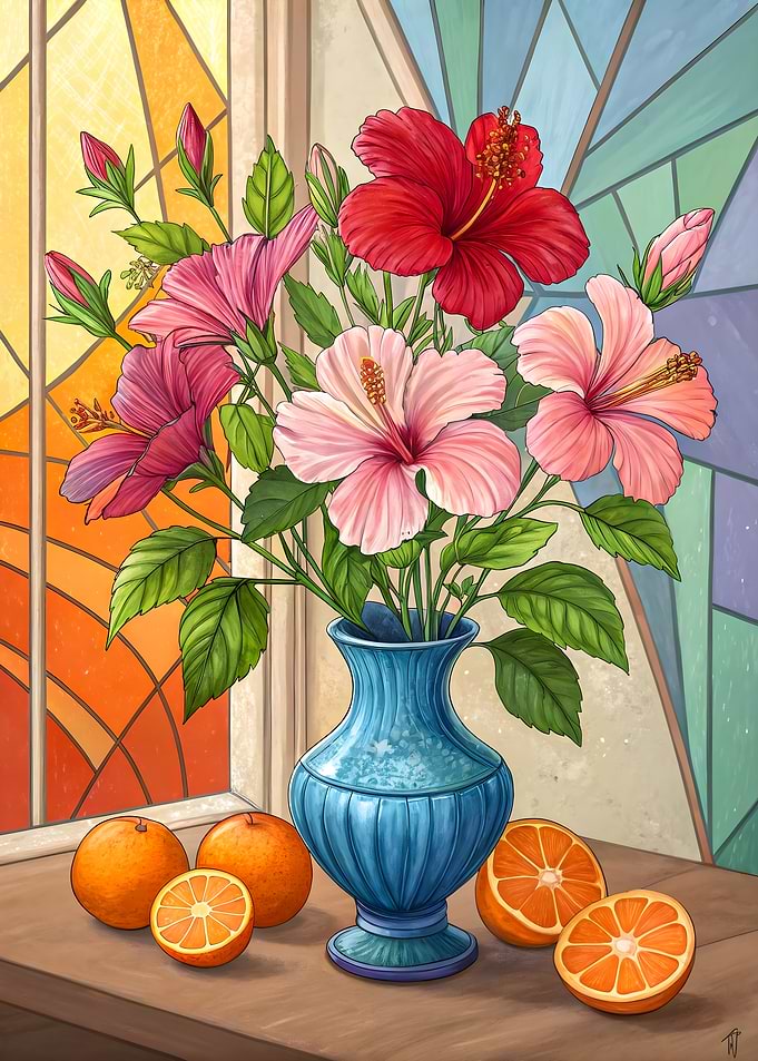 Still Life Floral Red Pink Hibiscus with Oranges