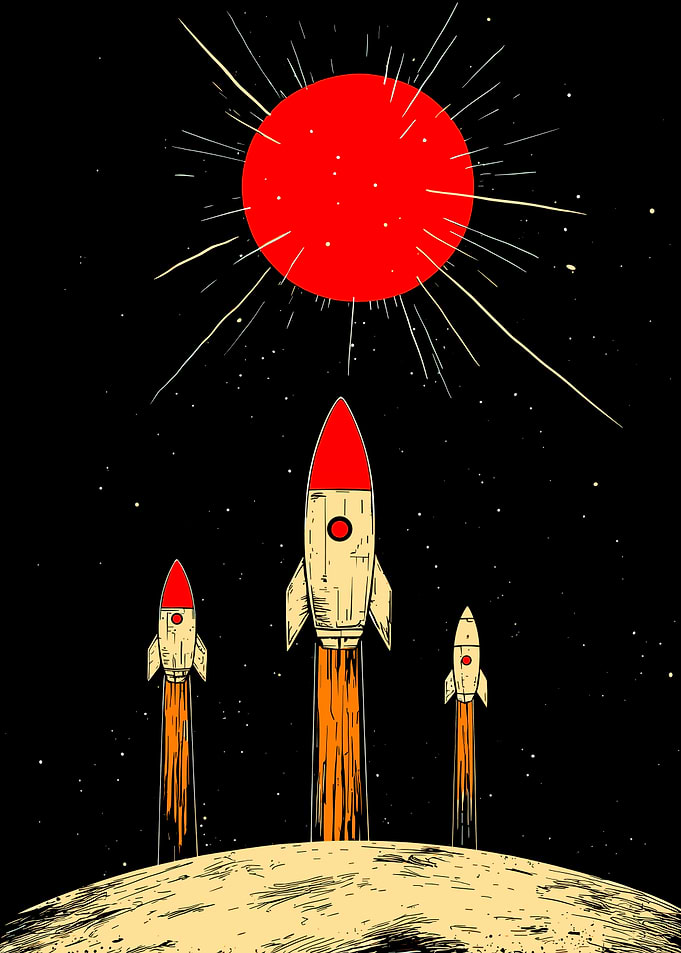 Retro Rockets Launching to Red Sun
