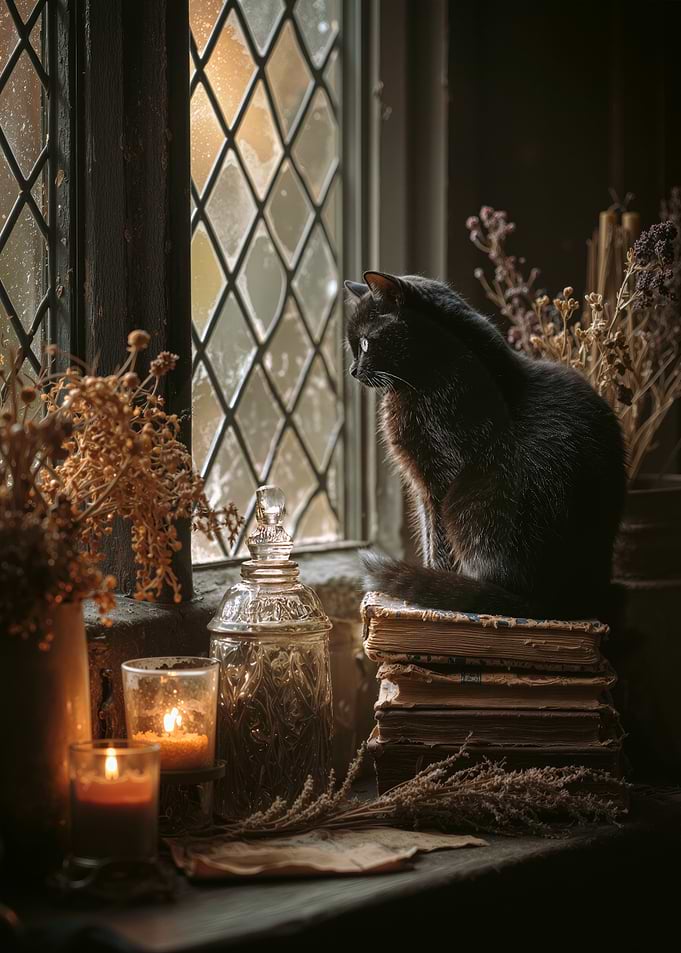 Black Cat by Window with Candles