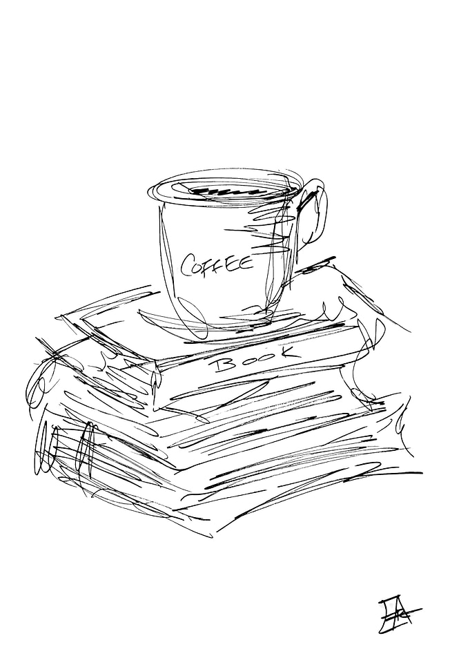 Coffee cup on books sketch