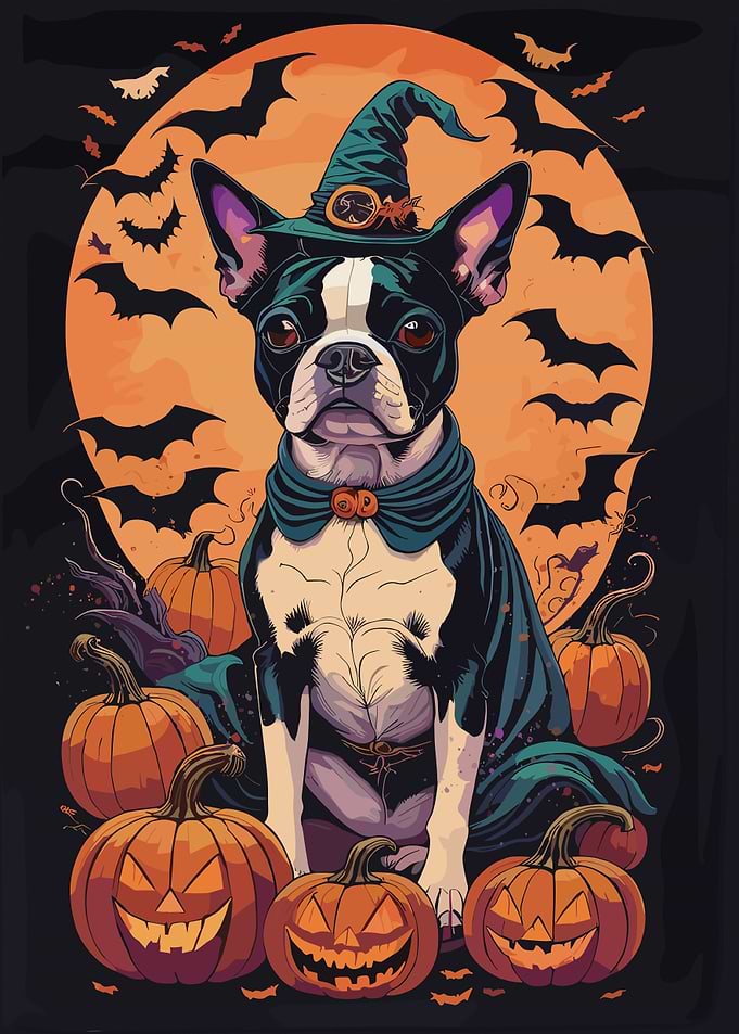 Dog in Witch Hat with Pumpkins