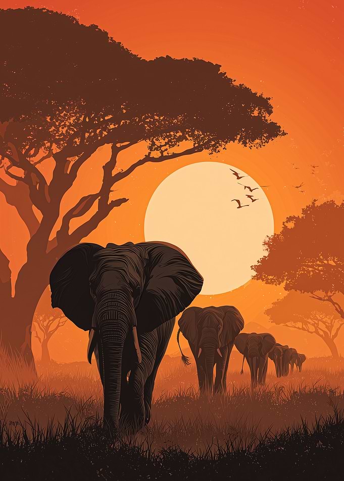 African Elephants at Sunset