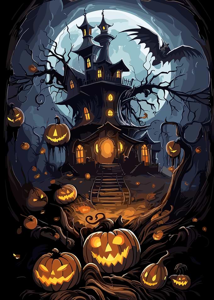 Spooky Halloween Haunted House with Pumpkins