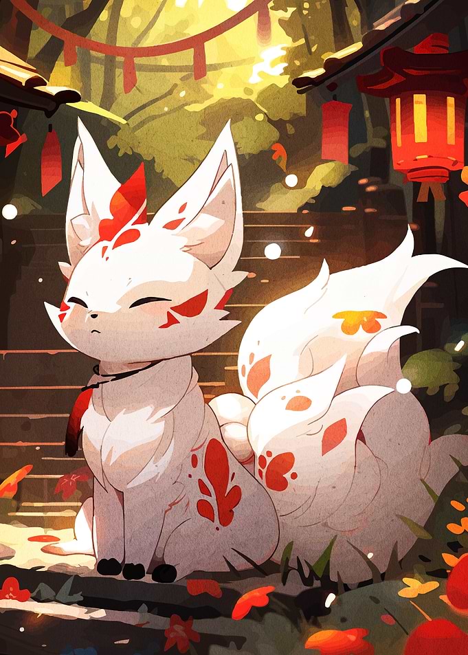 Cute Nine-Tailed Fox in Japanese Setting