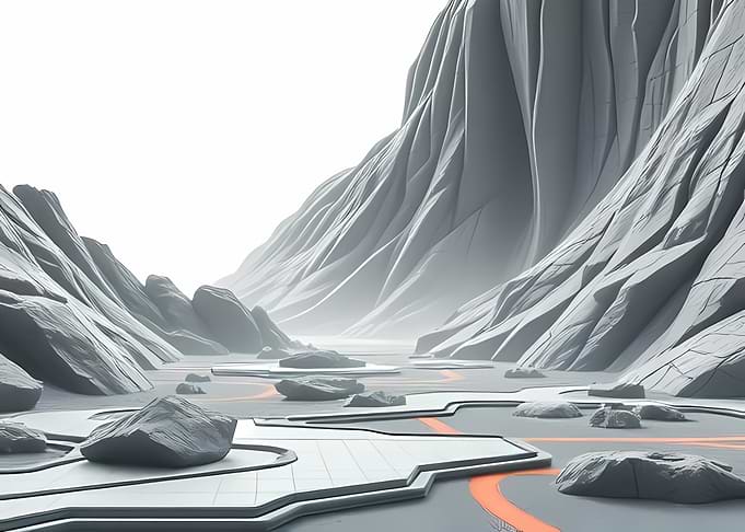 Futuristic Canyon with Geometric Platforms and Orange Pathways