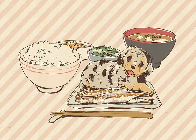 Dog with Japanese Meal Illustration