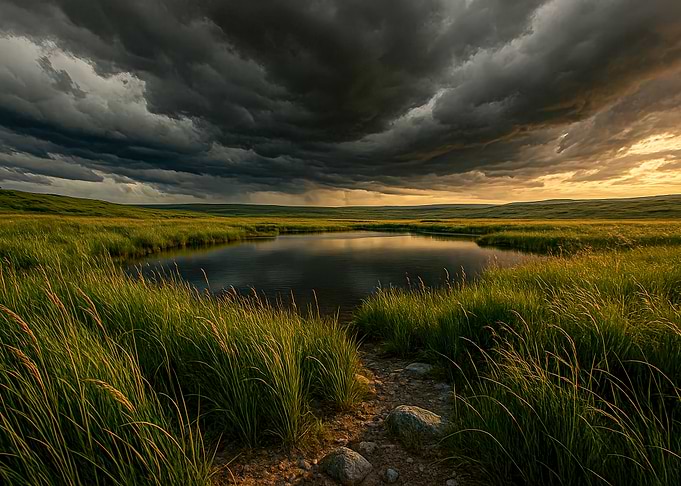 Stormy Landscape with Pond and Grass