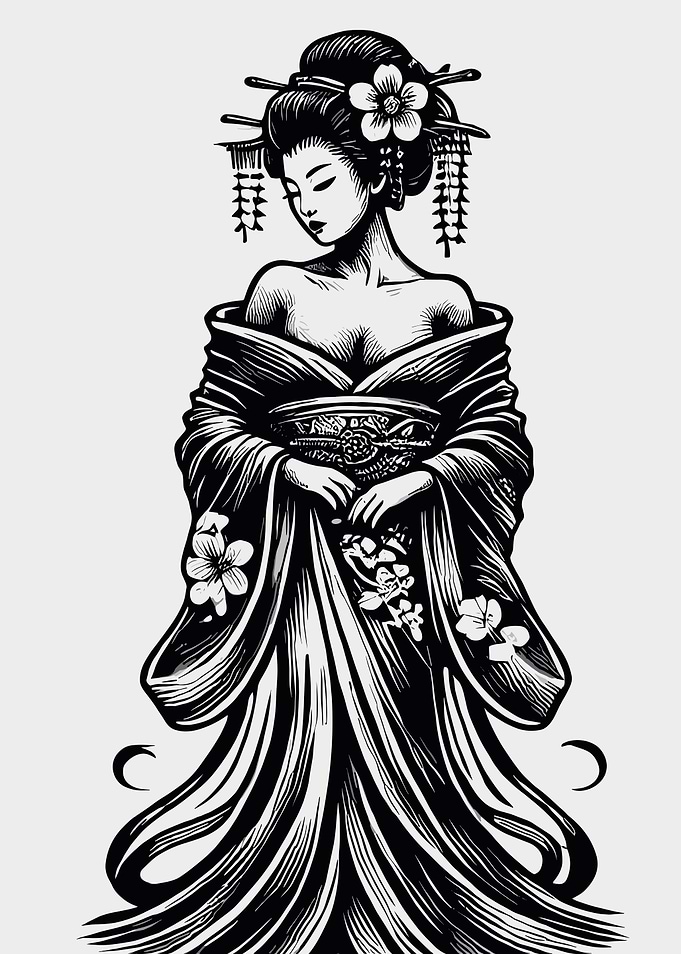 Elegant Geisha in Kimono Black and White