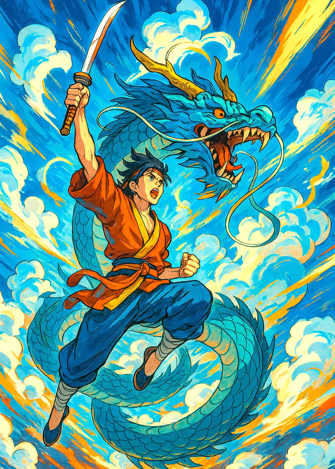 Hero and Dragon in Dynamic Action