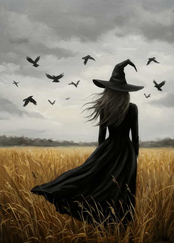 Witch in Field with Ravens