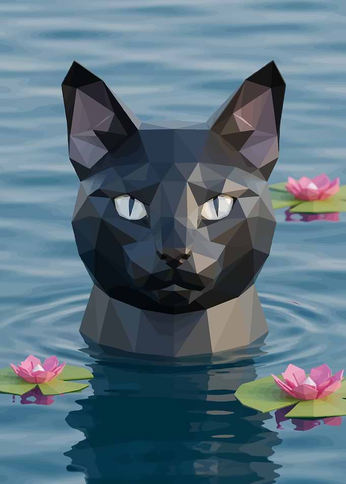 Low Poly Cat in Water Lilies