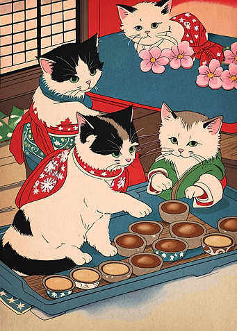 Cats in Kimonos with Food