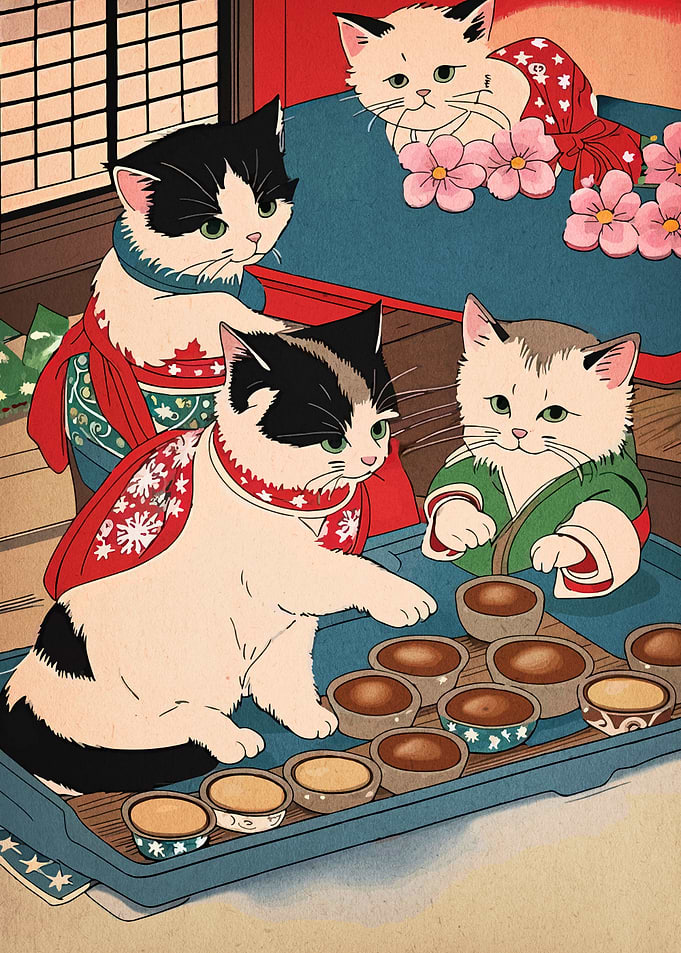Cats in Kimonos with Food