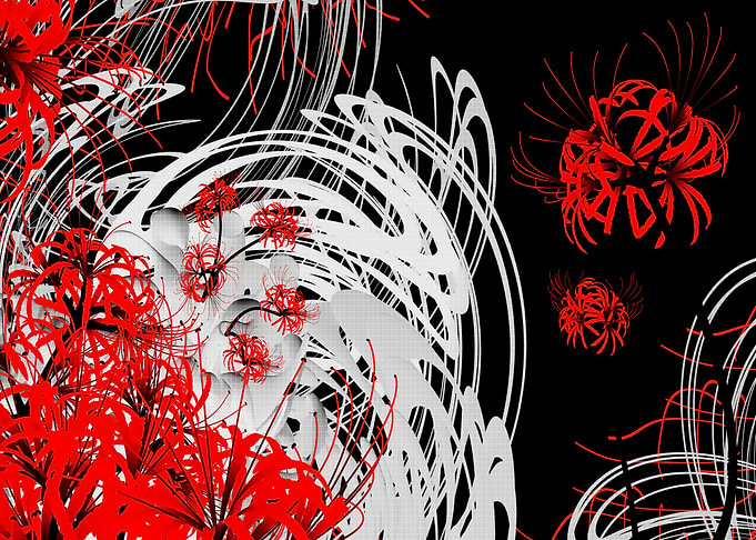 Abstract Red Spider Lilies on Black