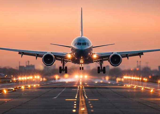 Airplane landing at sunset
