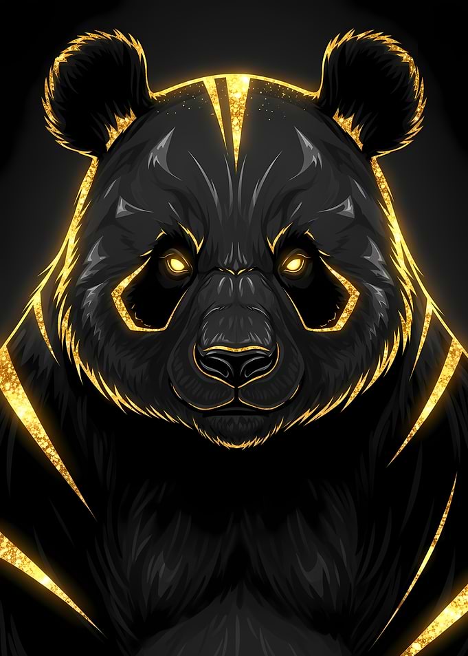 Golden Panda Portrait on Black Background