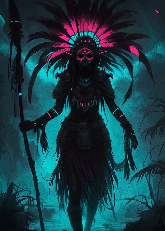 Neon Tribal Warrior in Dark Jungle