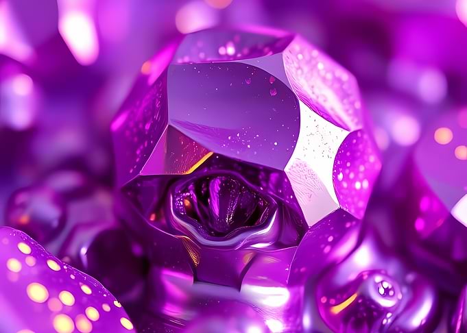 Shimmering faceted amethyst macro with luminous bokeh, reflective liquid-metal textures