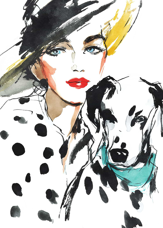 Fashionable Woman with Dalmatian Watercolor Painting