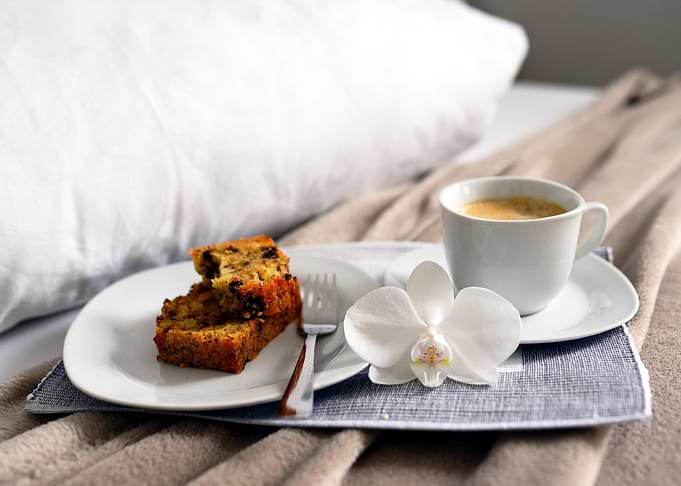 Breakfast in Bed with Coffee and Cake