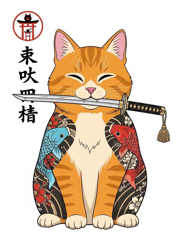 Samurai Cat with Tattoos and Sword