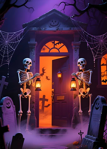 Halloween Skeletons at Haunted House Entrance