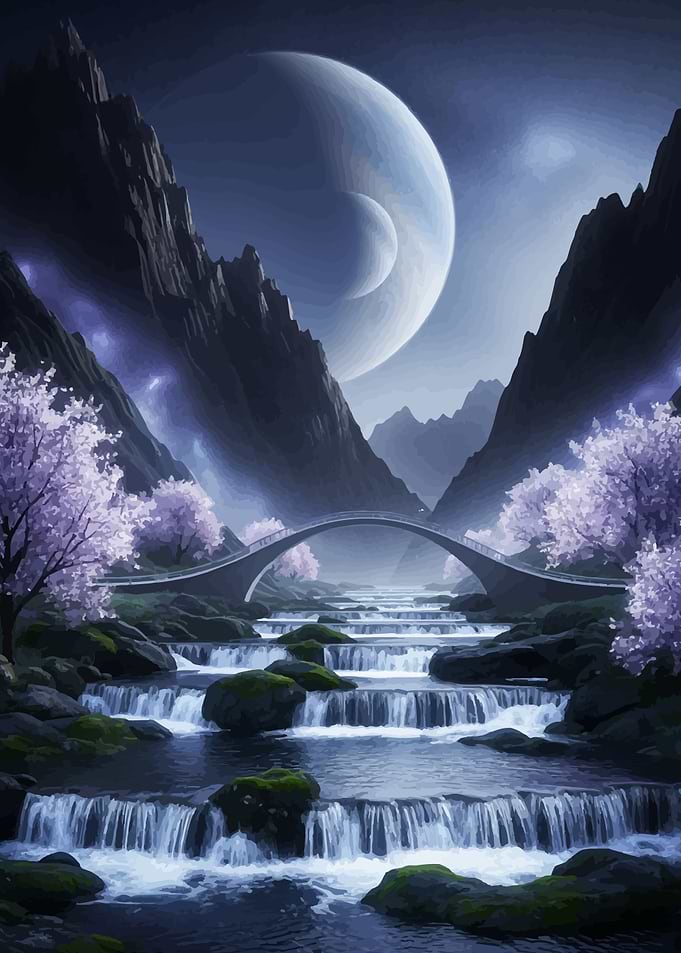 Fantasy Landscape with Waterfall and Bridge