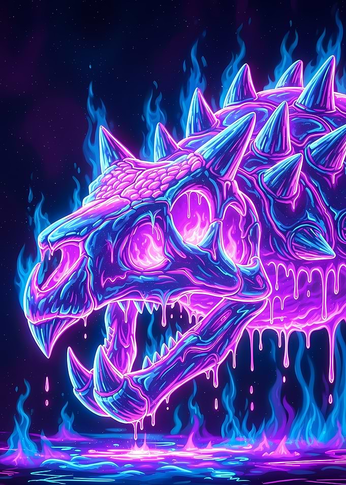 Neon Dragon Skull with Blue Flames