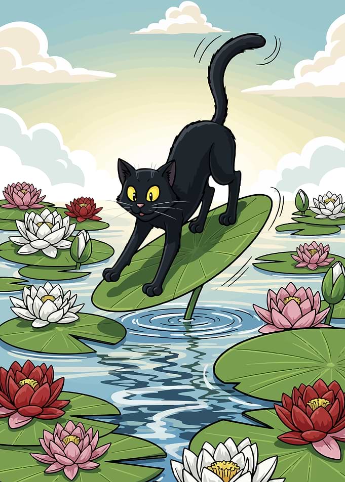 Black cat on lily pad cartoon